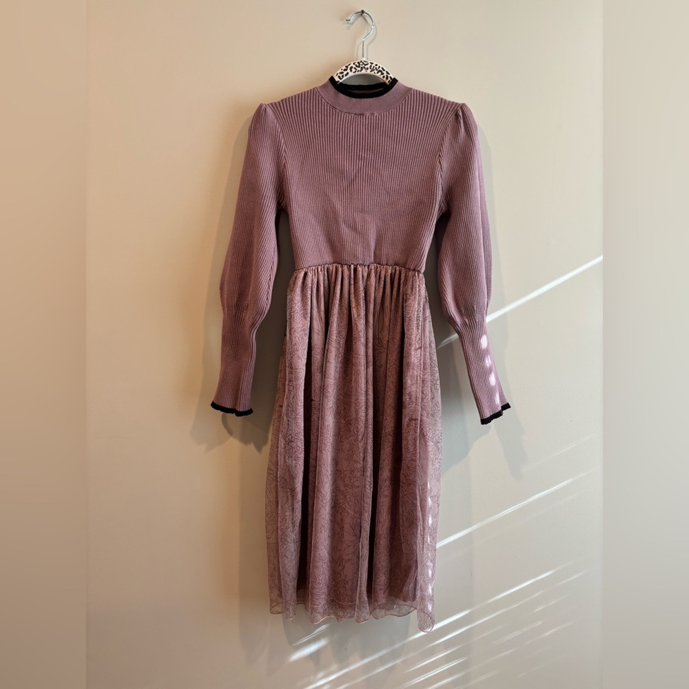 SHEIN Pink Mock Neck Bishop Sleeve A-Line Dress